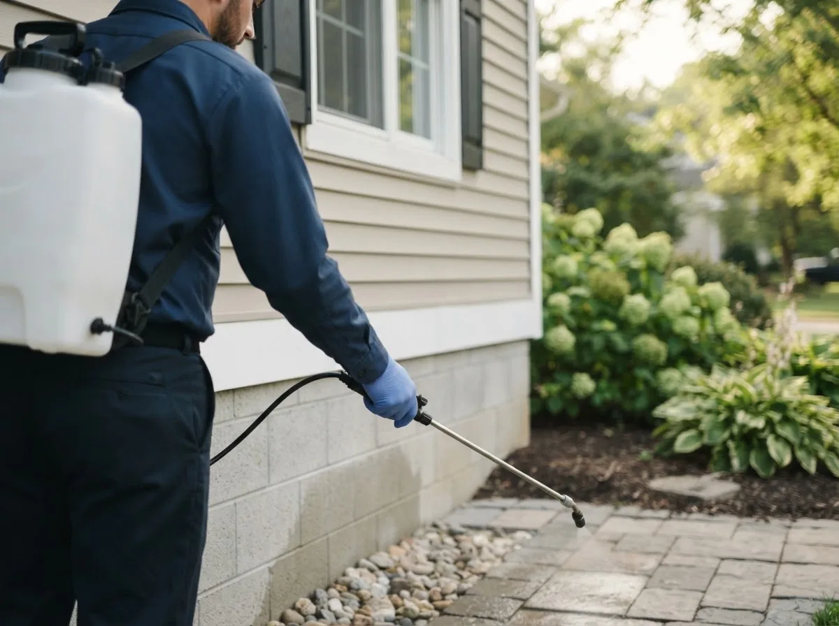 Pest control technician inspecting a home in Waltersburg, PA